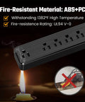 Six-Outlet Surge Protector Power Strip, fire-resistant ABS+PC material, withstands 1382°F, safe for home and office use, black