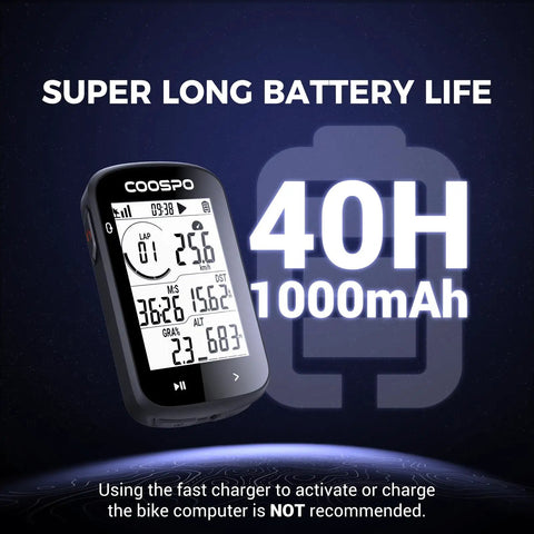 GPS Bike Computer With Wireless Cadence And Power Sensor Support 2.6 Inch Auto Backlight Display showing 40H battery life info