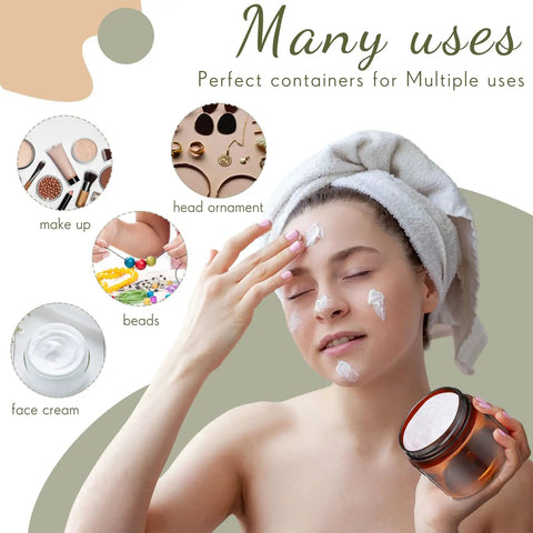Woman applying face cream with 200 Piece 2 Oz Amber Plastic Cosmetic Jars Collection round containers for skincare.