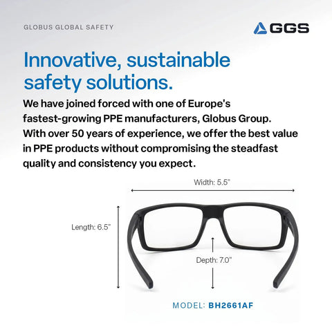 Lightweight Anti Fog Safety Glasses With Scratch Resistant Lenses And UV Protection For Outdoor Adventures DIY Projects And Active Running, black frame dimensions shown.