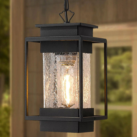 Outdoor Indoor Pendant Light For Front Porch And Entryway, 11.4 Inch Dope Modern Exterior Ceiling Chandelier with crack glass shade