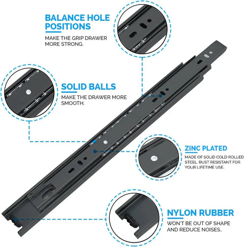 Diagram of 10 Inch Beefy Drawer Slides Heavy Duty Full Extension With Auto Lock Side Mount Rails 100 Lb Capacity Ball Bearing Glides features.