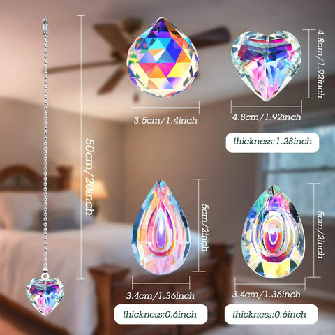Rainbow Crystal Ceiling Fan Pull Chain Set with 20-inch alloy bead chains, featuring sparkling heart and water drop crystals in a bedroom.