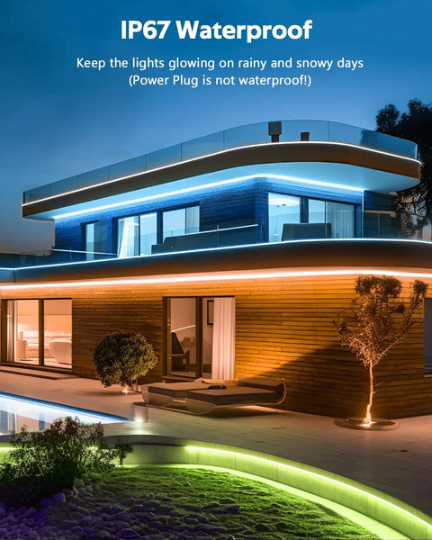 Hella Bright 10Ft Bluetooth COB LED Strip Lights With Flex Remote And Smart App Music Sync Dimmable IP67 Waterproof RGB Neon Rope Light illuminating a modern home.
