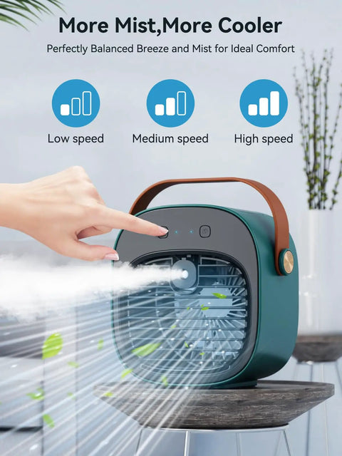 Rechargeable Mini Air Conditioner with 5200mAh Battery shown with 3 speed settings and mist function, green color