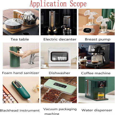 Collage of household appliances: tea table, electric decanter, breast pump, dishwasher, coffee machine, water dispenser.