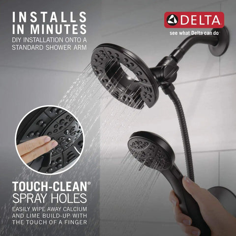 Slick Matte Black Bathtub Shower Faucet Set With 2-In-1 Dual Shower Head And Handheld Spray Combo, showing water flow from shower head.