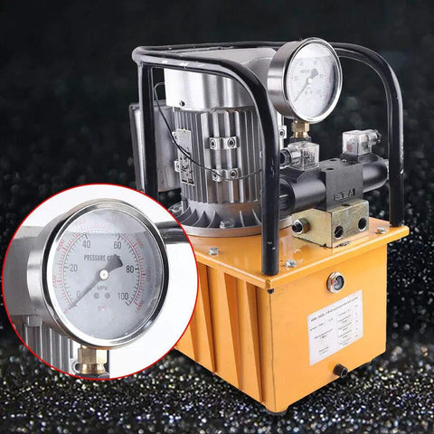 Heavy Duty 750W Electric Hydraulic Pump 110V Double Acting Solenoid Valve 10000 Psi With 7L Oil Reservoir close-up of pressure gauge and motor