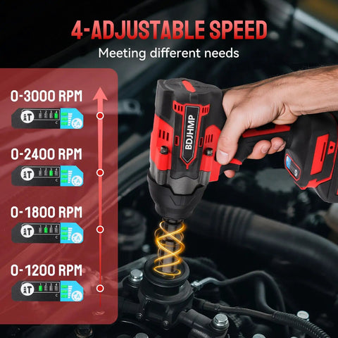 Straight Up Tough As Nails Cordless Impact Wrench 1/2 Inch Square Drive displaying 4 adjustable speed settings for automotive tasks.