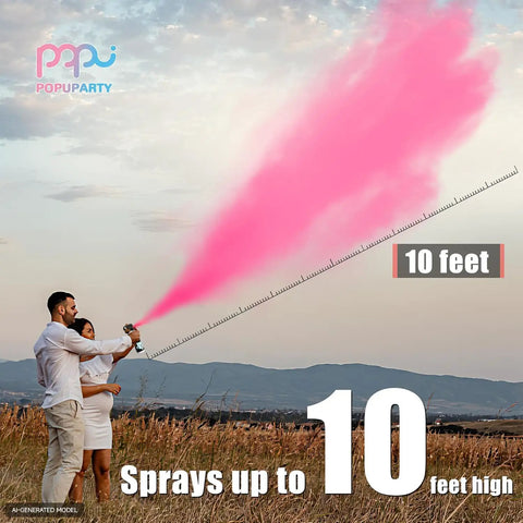 Ultimate Gender Reveal Fire Extinguisher Color Blaster Kit featuring pink powder shooting up to 10 feet high in outdoor celebration.
