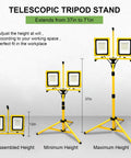 Beastly Bright 25,000 Lumen Dual Head Led Work Light With Stand showing telescopic tripod heights from 12in to 71in