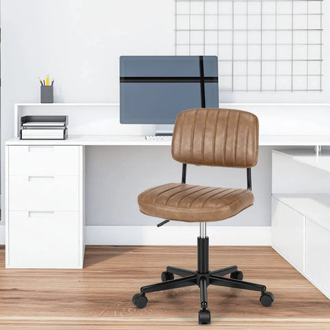 Slick Armless Desk Chair With Easy Glide Wheels, Top Tier PU Leather Task Seat in brown, low back cushioning, height adjustable.
