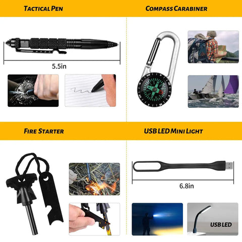 60 In 1 Emergency Survival Gear Kit tactical pen, compass carabiner, fire starter, USB LED mini light in use