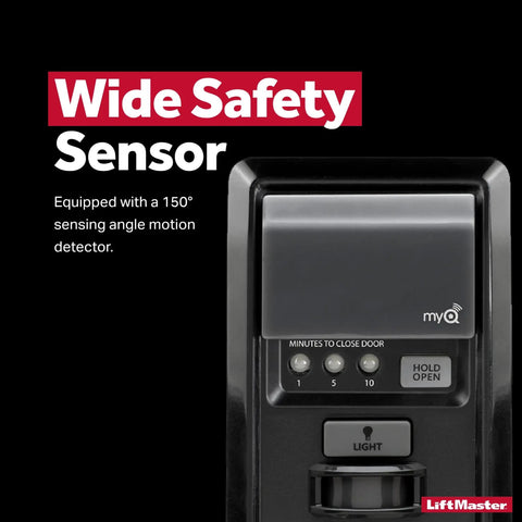 Close-up of Smart MyQ Internet Gateway And 889LM Control Panel For Garage And Gate Openers with wide safety sensor feature.