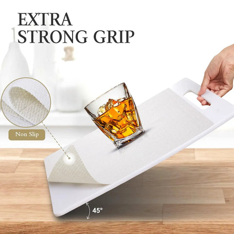 Premium White Non Adhesive Shelf And Drawer Liner For Kitchen Cabinets Pvc Based Non Slip Organizer Roll showcasing strong grip with a glass.