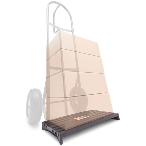 Built Tough Hand Truck Helper And Mini Storage Pallet Deck Made For Smooth Sailing On Concrete Floors With Serious Weight Carrying Power For Heavy Jobs Three Pack with stacked boxes on hand truck.