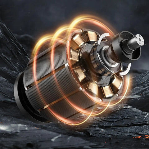 Heavy Duty Cordless Drill Kit Bad Boy motor with copper coils and magnetic design, illustrating power for drilling in wood or plastic.
