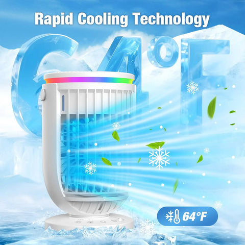Side view of 4 In 1 Personal Evaporative Air Cooler with 1200ml Water Tank showing rapid cooling and ambient lighting features.