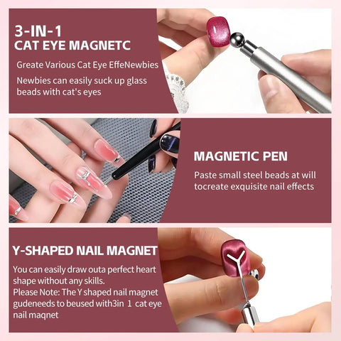 4-Piece Cat Eye Nail Magnet Set Silver Dual-Ended Magnetic Nail Tools With Round Bead And Heart Magnets Plus Black Magnetic Bead Pickup Pen For Cat Eye Gel Polish DIY Nail Art