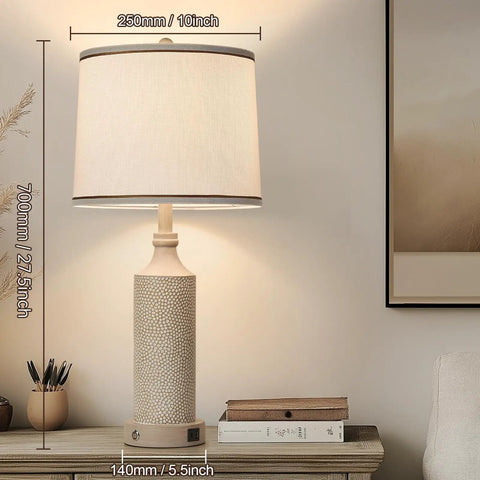Three Way Dimmable Touch Table Lamp With USB A And C Ports, Vintage Washed White Resin Bedside Farmhouse Set, linen shade, on table