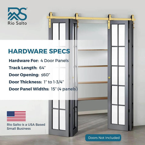 Gold Bi-Fold Barn Door Hardware Kit With Heavy Duty Metal Track System For Four Doors Installed, No Doors Included