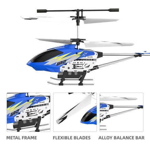 Side view of U12 RC Helicopter With Altitude Hold And Gyro Stabilization, showcasing metal frame, flexible blades, and alloy balance bar.