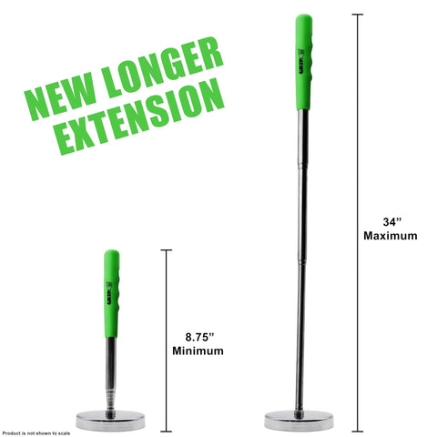 Telescopic Magnetic Floor Sweeper Pickup Tool With 35 Lb Capacity For Screws Nails And Metal Shavings Extends From Eight To Thirty Four Inches So You Can Grab Ferrous Bits Quick In Tight Spots shown with extension measurements.