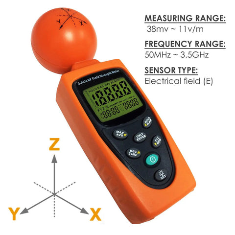 RF EMF Strength Meter Pro For Home Use 50MHz To 3.5GHz Electromagnetic Field Detector with display and measurement details