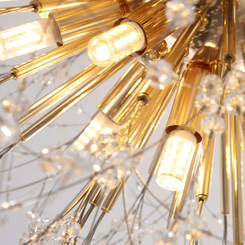 Close-up of Six Light Firework Sputnik Statement Chandelier Modern Crystal Pendant Lighting with gold finish and LED glow