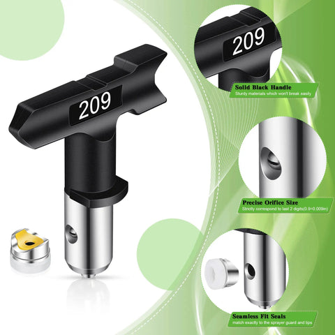 Airless Paint Sprayer Tips And Seals Kit for Most Sprayers, model 209 with 0.009 inch orifice, black handle, chrome details