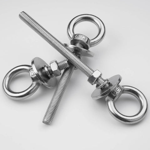 Eight Pack M8 Eye Bolts With Nuts And Washers For Heavy Duty Lifting And Tie Downs Five Sixteenth Inch Diameter Three Inch Long Stainless Steel Construction Includes Spring Washers, four bolts laid flat