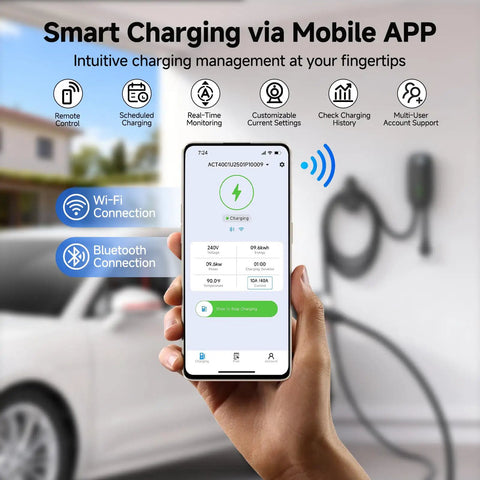 Level 2 EV Charger For Home Use 40 Amp Fast Charging 9.6kW 240V with mobile app showing WiFi features