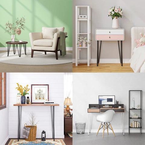 Room designs featuring furniture with Heavy Duty 30 Inch Hairpin Table Leg Set In White, One Half Inch Steel Rods, 800 Lb Capacity.