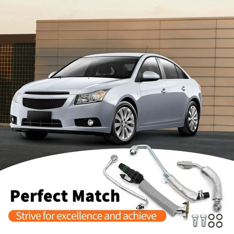 Turbo Oil Return Drain Line And Oil Feed Pipe Kit, 4 Piece Set, Fits Encore Sonic Cruze Trax 1.4L L4 Engines showcased with a car