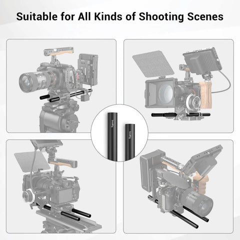 Kickass Aluminum 15mm Camera Rod Kit With Tight Fitting M12 Thread Connectors showing multiple camera setups for various shooting scenes.