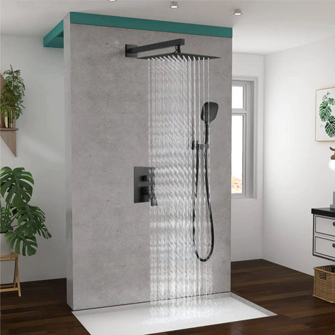 Dope Matte Black 10 Inch Square Rain Shower System with ABS Handheld Spray, wall-mounted, waterfall effect in modern bathroom