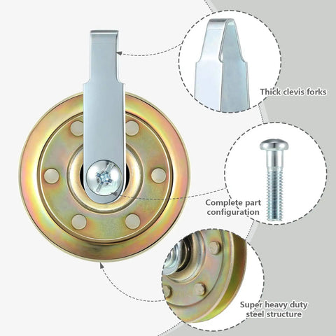 Heavy Duty Garage Door Pulley Kit With 3 Inch Pulleys And 3 Eighths Inch Track Kit Includes 8 Golden Pulleys 8 Silver Clevis Forks And 8 Bolts And Nuts Set All In One For Quick Easy Durable Garage Door Repairs, showing close-up of gold pulley with clevis fork and bolt.