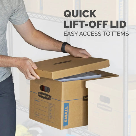 Ten Pack Of Medium Moving Boxes Built Tough With Reinforced Handles No Tape Assembly Required Easy To Pack And Stack Comes With Labeling Spots And Lift Off Lids For Quick Access Perfect For Any Big Move with quick lift-off lid being opened.