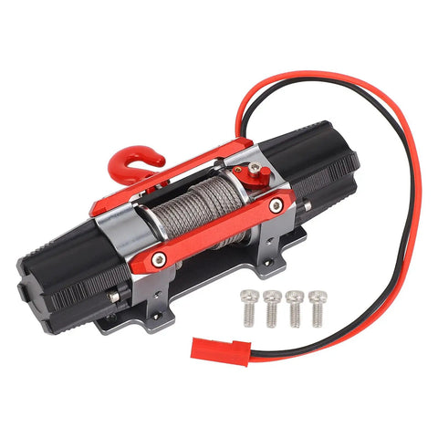 Check Out This Insane Dual Motor Rc Winch With Realistic Cnc Metal Build For 1/10 And 1/8 Scale Off Road Cars, showing alloy body and red hook.