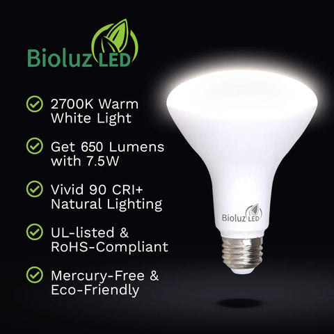 BR30 LED Flood Bulbs 10 Pack Budget Friendly Low Watt Ultra Bright 65W Equivalent 7.5W 2700K Warm White 650 Lumens E26 Base Dimmable Instant On Indoor Lighting 90 Plus CRI UL Listed FCC RoHS Title 20 Certified with bulb and features listed