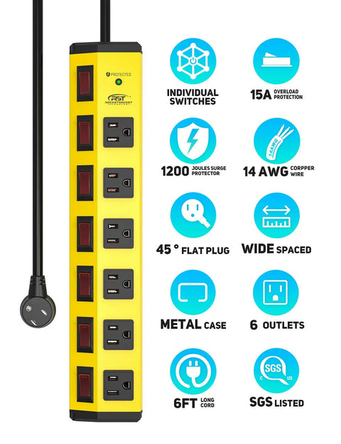 Heavy Duty Metal Power Strip With Six Individually Controlled Switches And 1.77 Inch Wide Outlet Spacing, surge icons