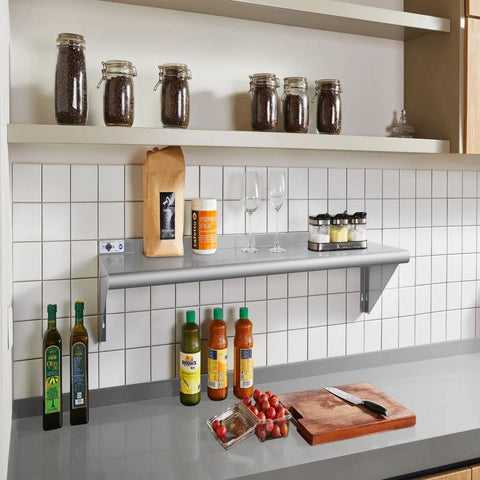 Heavy Duty Stainless Steel Wall Mount Shelf 12X36 Inch NSF Certified Rust Proof Storage Rack with condiments and jars.