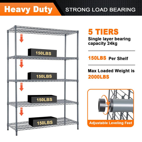 5 Tier Heavy Duty Steel Storage Racks And Shelving Unit For Kitchen Pantry And Warehouse Use, 48 Inch Long By 20 Inch Wide By 72 Inch High, Each Wire Shelf Supports 350 Pounds, Rust Resistant Powder Coat Finish; 5-tier wire shelf