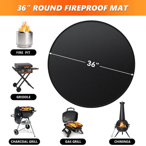 Image of a 36 Inch Round Fireproof Mat shown with various grills and fire pit, illustrating its use beneath them for safety.