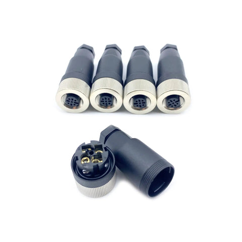 Five M12 4 Pin A Code Female Connector Field Wireable Adapter 12mm IP67, showing both assembled and open connectors, for PG7 Cable.