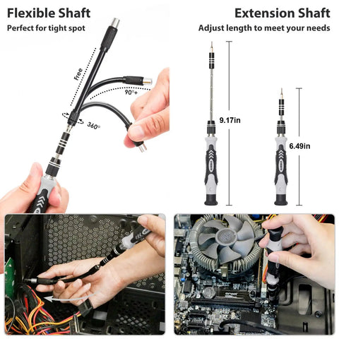 142 Piece Precision Screwdriver Set Magnetic Tool Kit for PC Laptop MacBook and Console Controllers, flexible and extension shafts in use