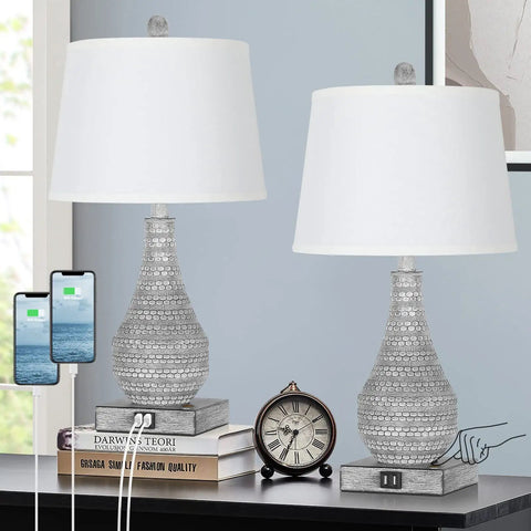 Two Rustic Vase Table Lamps For Bedroom And Living Room, Touch Activated Bedside Lamps With USB Ports on nightstand