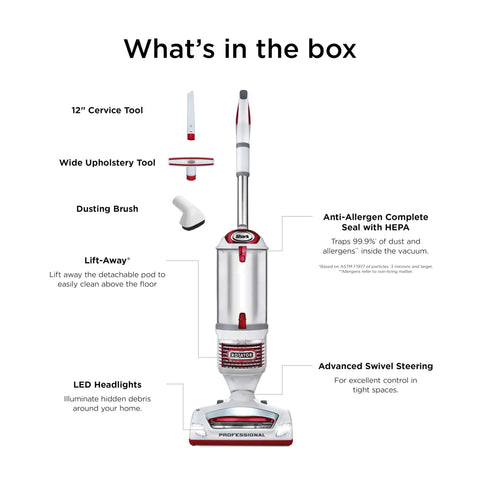 Shark Lift Away Upright Vacuum With Hepa Filter For Pet Hair and Carpet Cleaning White And Red Model Nv501 box contents and tools