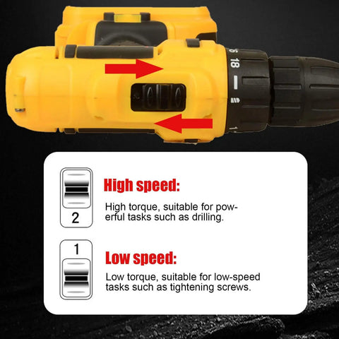 Straight Up Heavy Duty Cordless Drill And Driver Featuring High Torque Motor And Hassle Free Quick Chuck controls for speed adjustment.