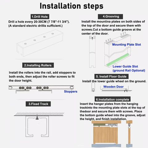 Installation steps for Pocket Door Sliding Rail Kit With Ceiling Mount Track And Ultra Quiet Wheels Hidden Barn Door System